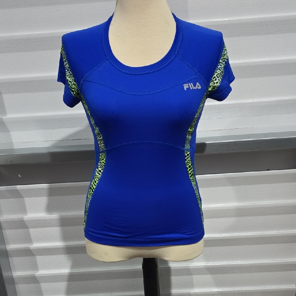 FILA Women's Cobalt Blue Tee with Lime Leopard Print Accents Size Small